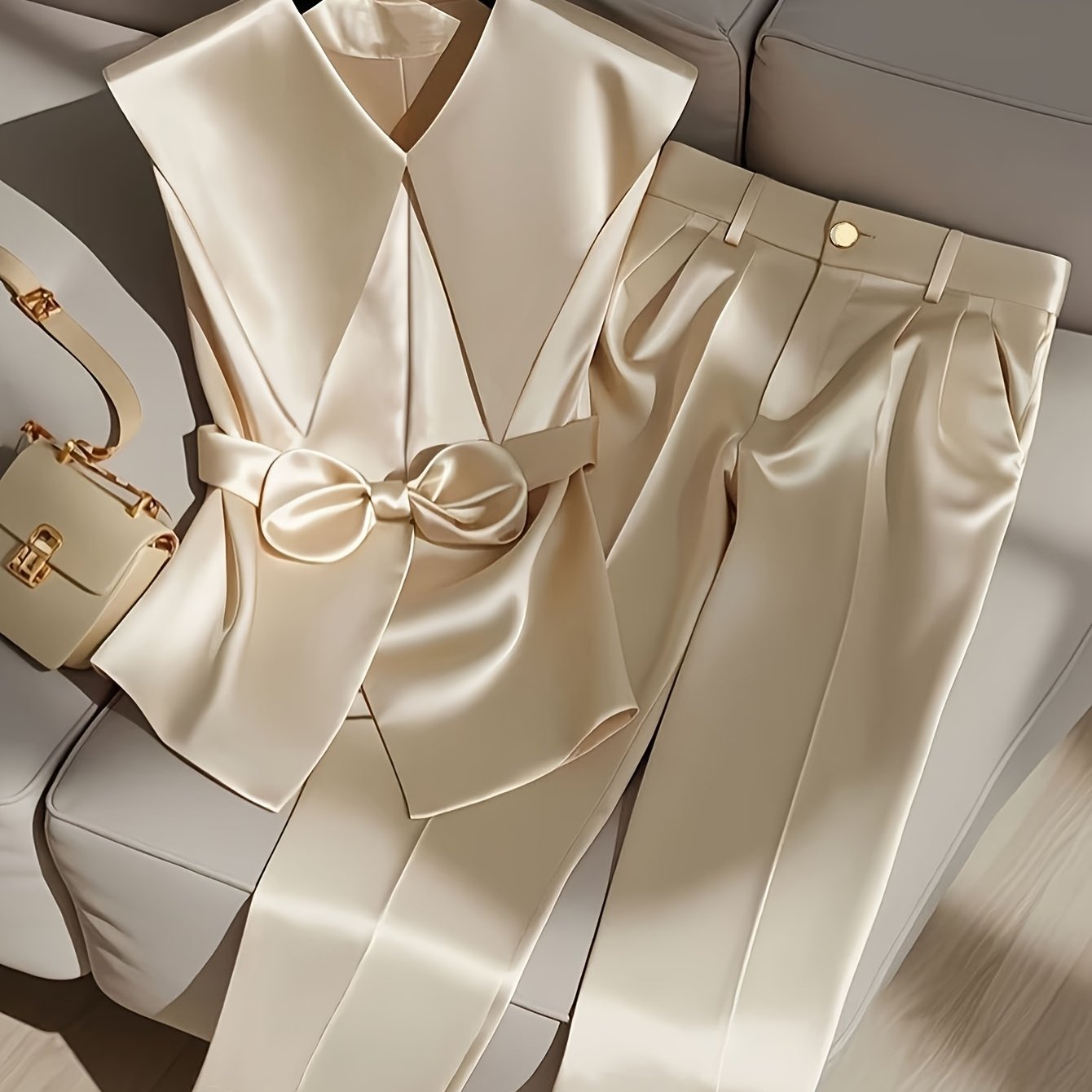 Elegante y estilizado conjunto de top sin mangas y pantalón largo en color liso, diseñado para atraer la riqueza.