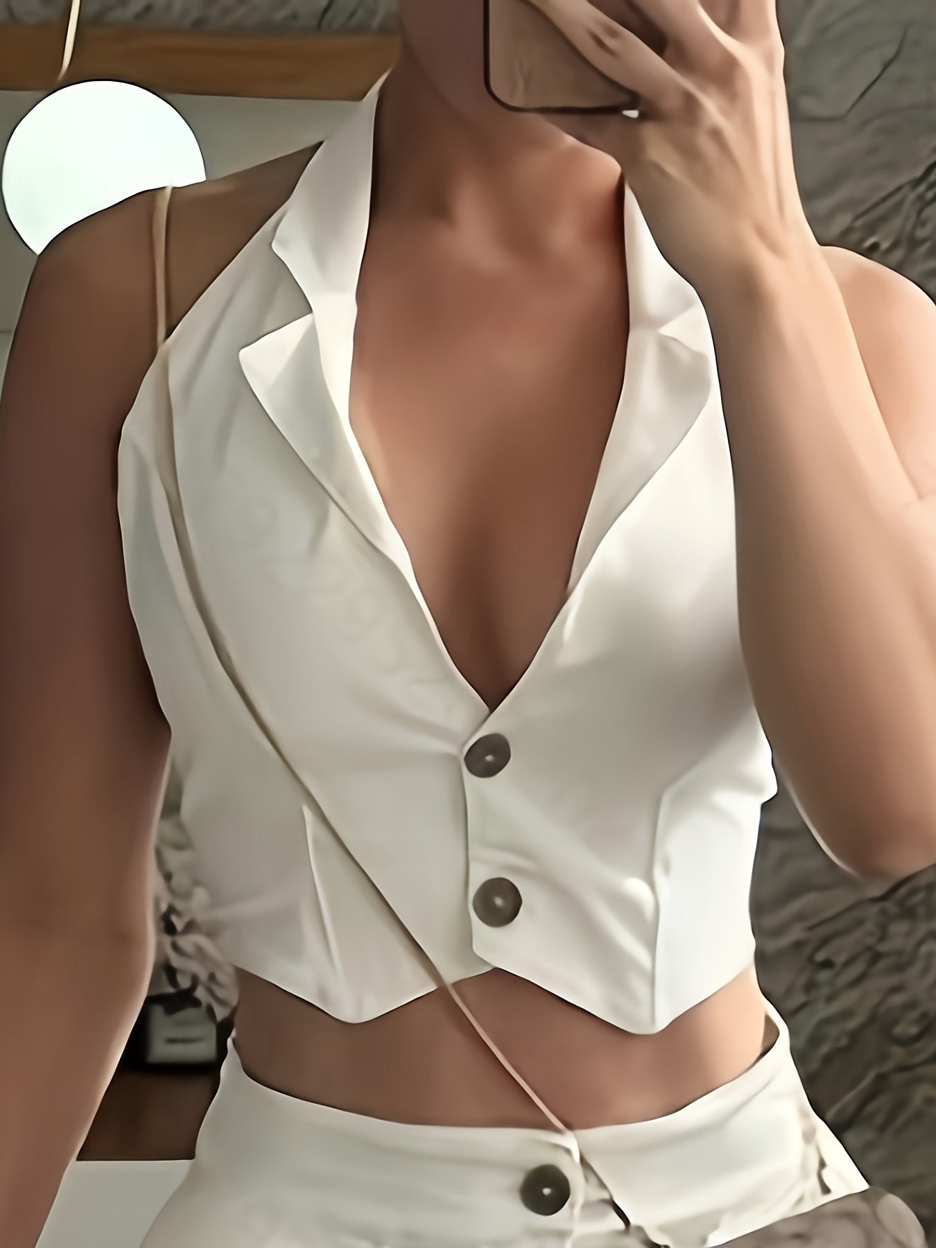 Conjunto de dos Piezas top corto con botones y cuello en V y Pantalones anchos de cintura alta