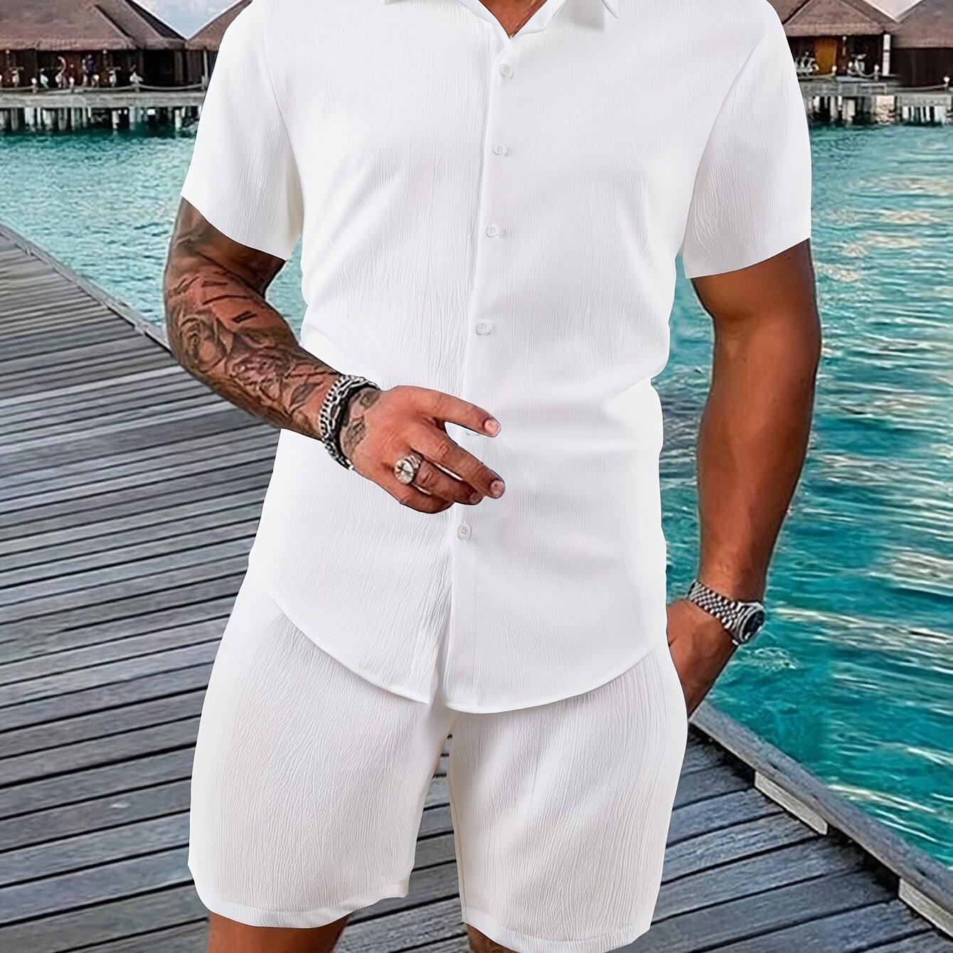 Conjunto casual de camisa y shorts de manga corta con solapa